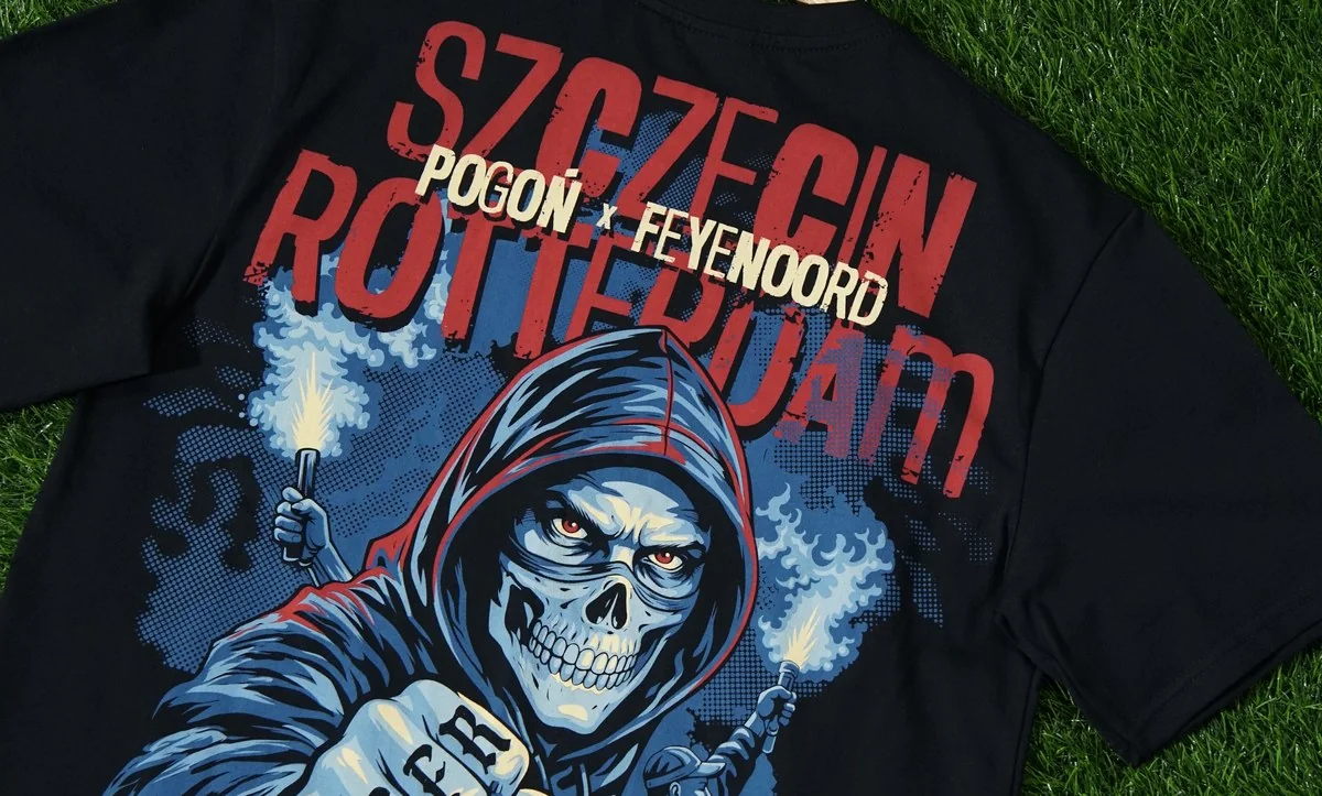 Black T-shirt with a hooded Grim Reaper and the words Szczecin Rotterdam, Pogoń and Feyenoord